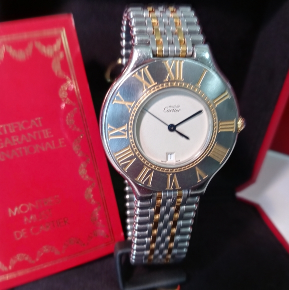 Mens Cartier must 21 steel and 18k gold band 100%